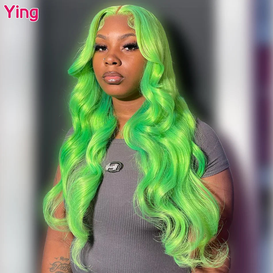 Ying Hair Lime Green Body Wave 13x4 Lace Front Human Hair Wigs 13x6