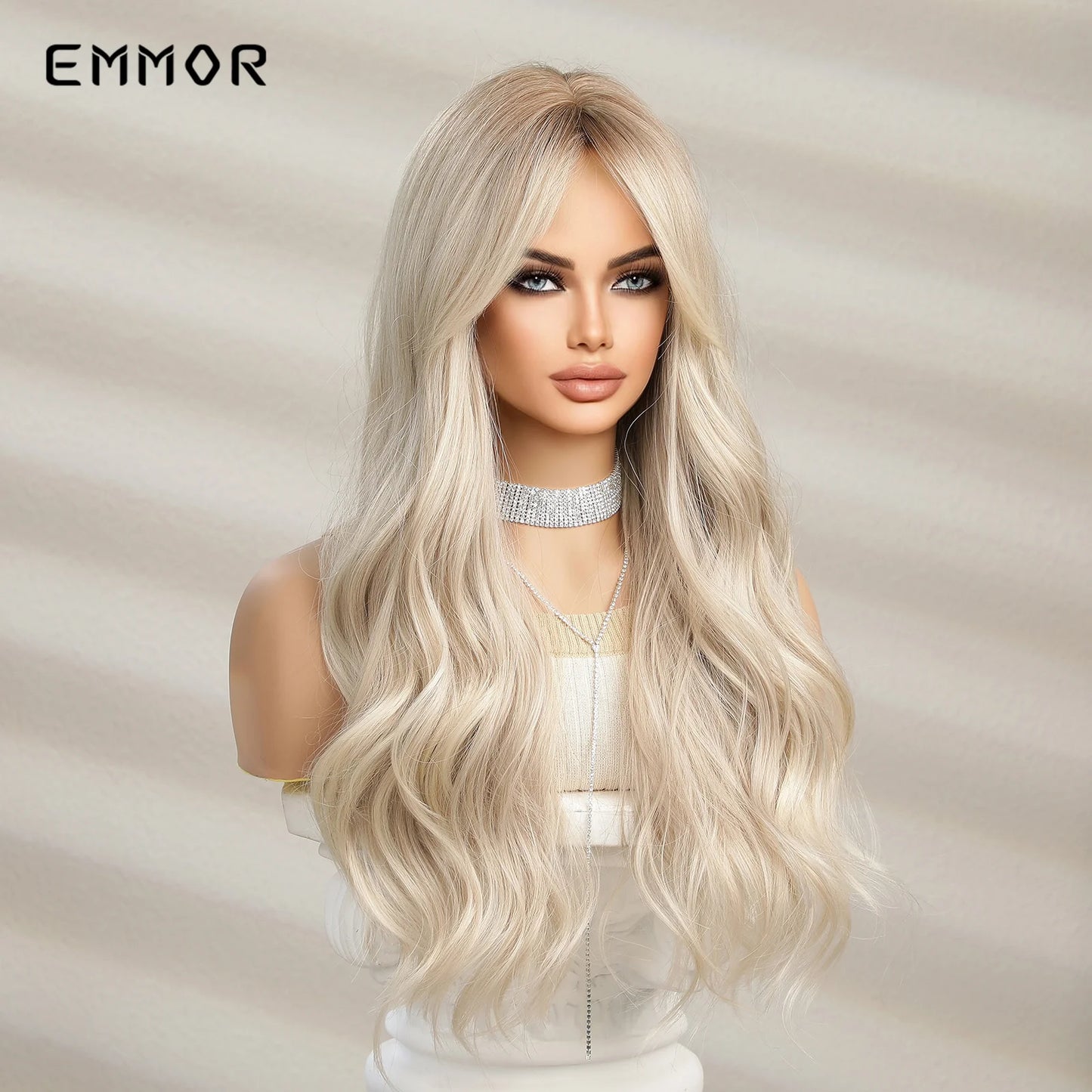 Emmor Ombre Black to Light Blonde Hair Wig Synthetic Long Wavy Wigs