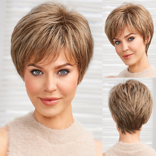 Light Blonde Mixed Off-White Short Pixie Cut Wigs for Women With Bangs