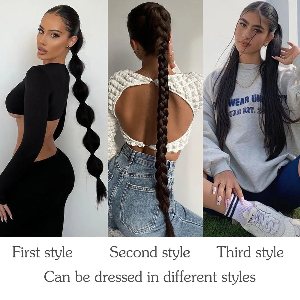 Synthetic Braided Ponytail Extensions Long Black Rubber Band Hairpiece