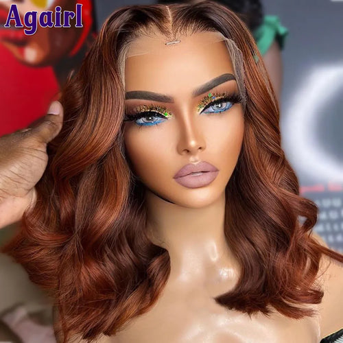 Red Ginger Brown Highlight Short Bob Wavy Lace Front Human Hair Wigs