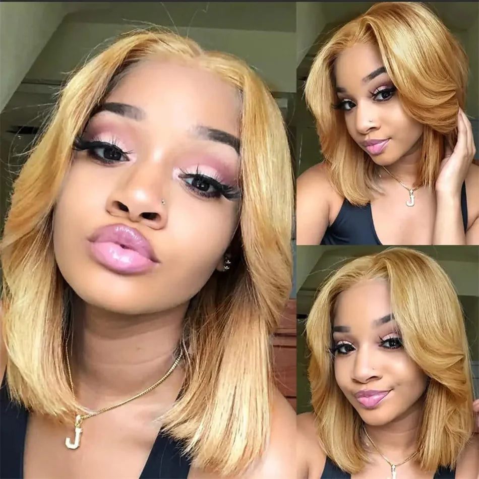 200% Double Drawn #27 Honey Blonde Colored Short Bob Human Hair Wigs