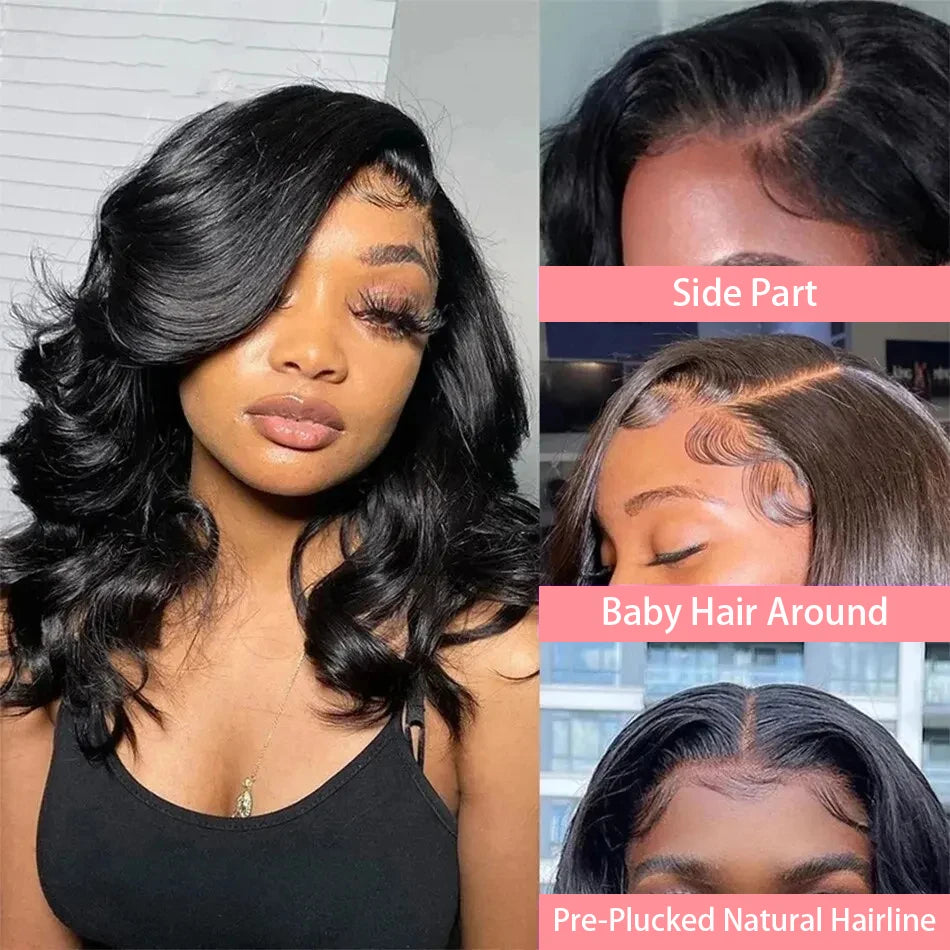 200% Density Short Bob Body Wave Lace Frontal Wig 14 16 Inch 13x4