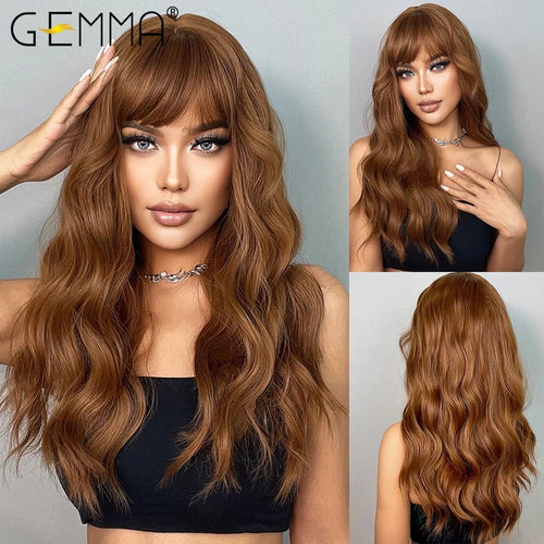 Long Wavy Light Ash Blonde Synthetic Wigs with Bangs for Women Natural