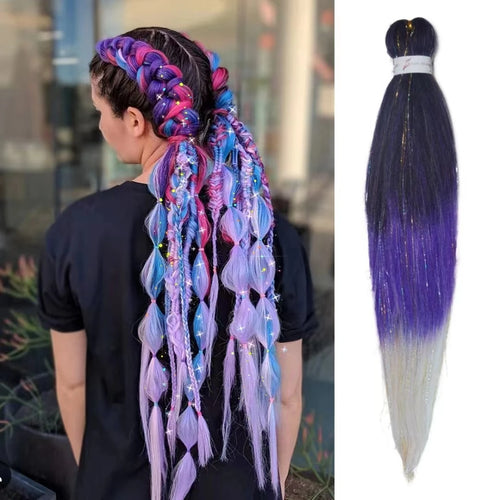 Purple Pink White 3 Tones Ombre Straight Braids Blend Hair Tinsel