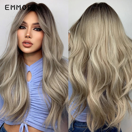 Emmor Ombre Black to Light Blonde Hair Wig Synthetic Long Wavy Wigs