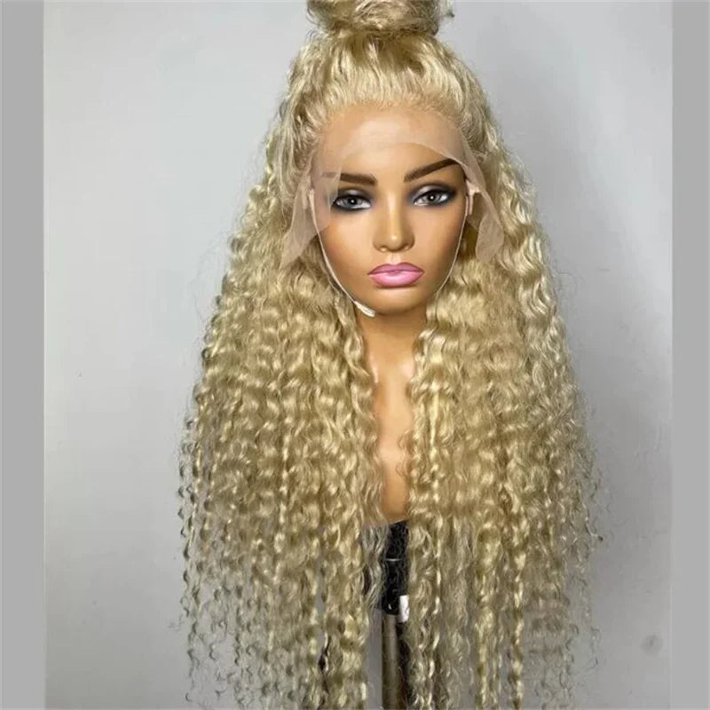 Natural 26" Synthetic Curly PrePlucked 180 Density Blonde Lace Front