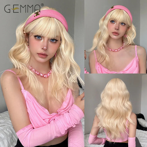 Synthetic Pink Platinum Blonde Cosplay Wig With Bangs Long Wavy