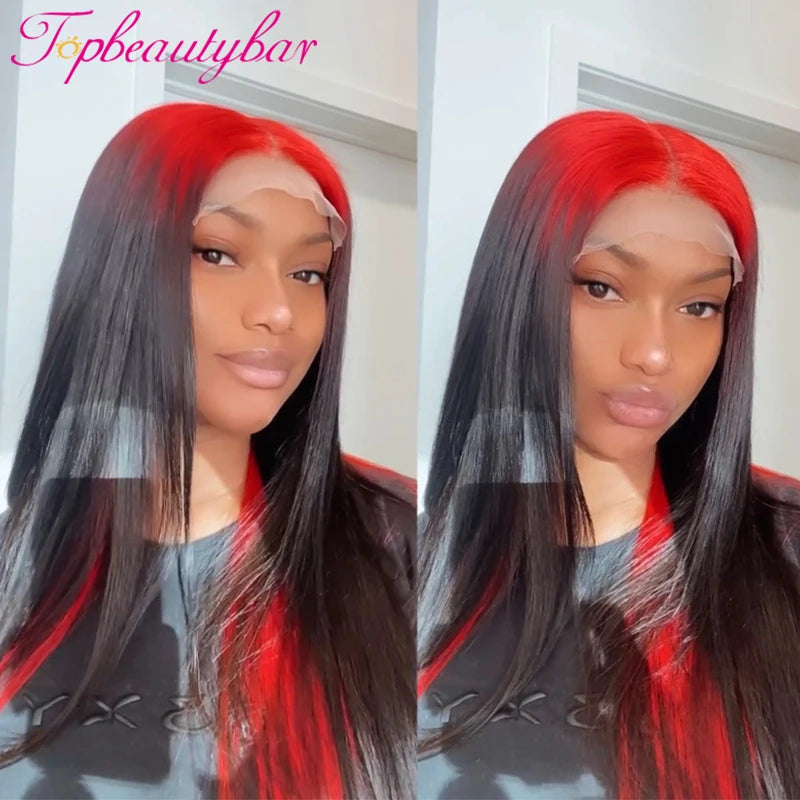 Red Ombre Highlight Colored Straight Lace Front Human Hair Wigs 180%