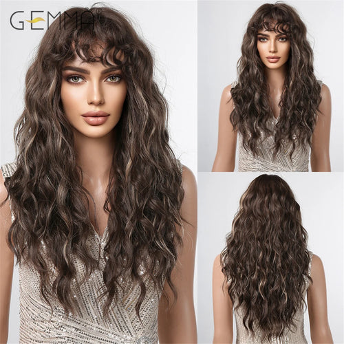 Long Wavy Light Ash Blonde Synthetic Wigs with Bangs for Women Natural