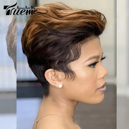 Short Highlight Pixie Human Hair Wig Brazilian Lace Front Human Hair