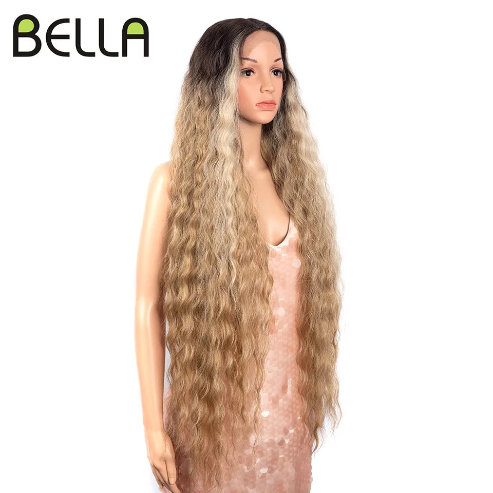 Bella 40 Inch T Part Lace Wigs Synthetic Deep Wave Long Wigs Ombre