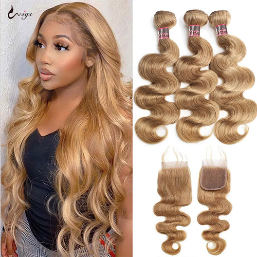 #27 Honey Blonde Human Hair Bundles with Closure Brazilian Hair Weave