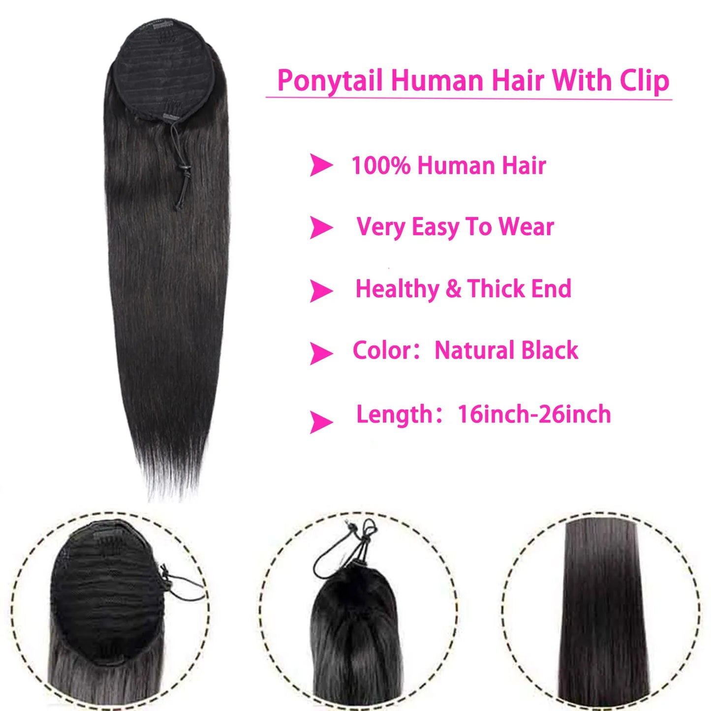 Ponytail Human Hair Extensions With Clip 10"-26" 100gram Natural Color