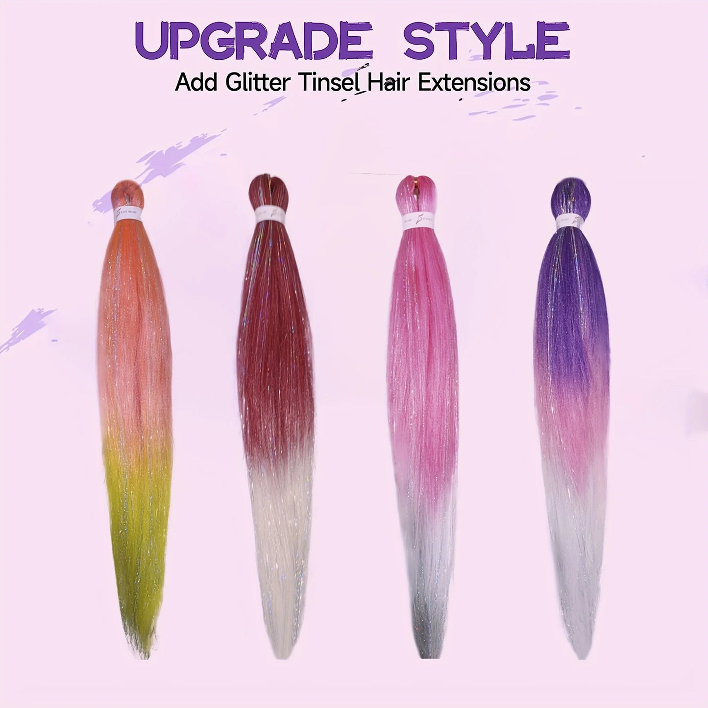 Purple Pink White 3 Tones Ombre Straight Braids Blend Hair Tinsel