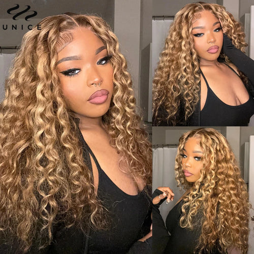 UNice Hair Water Wave Wig Honey Blonde Highlight Pre Cut Lace Wig