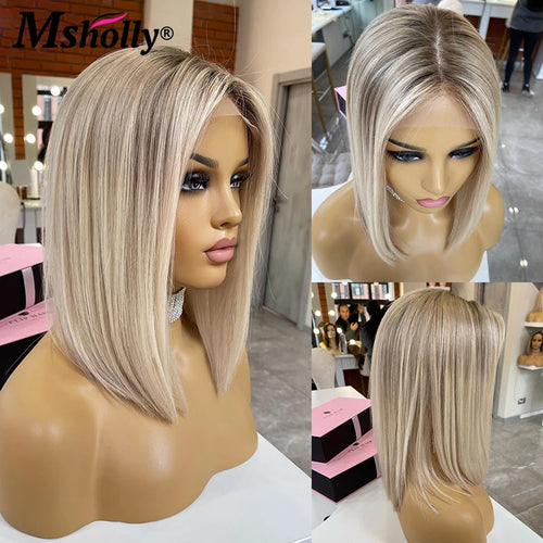 Highlight Ash Blonde 13x4 Lace Front Wigs Human Hair Straight Short