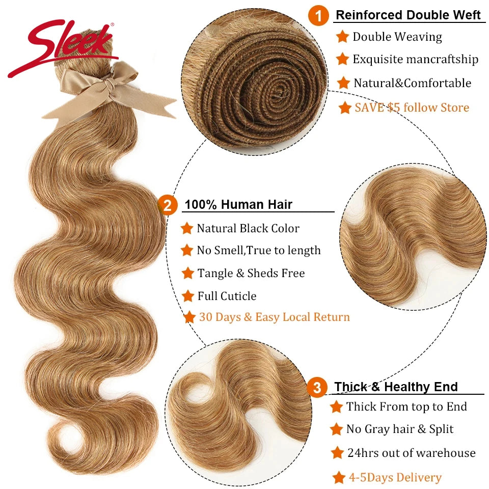 Sleek Honey Blonde 27 Colored Hair Brazilian Body Wave Natural Remy