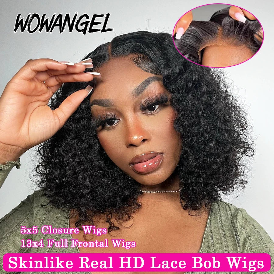 Wow Angel Glueless Short Curly Bob Hair Wig Human Hair 5x5 HD Lace