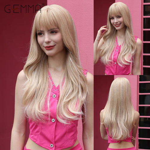 Synthetic Pink Platinum Blonde Cosplay Wig With Bangs Long Wavy