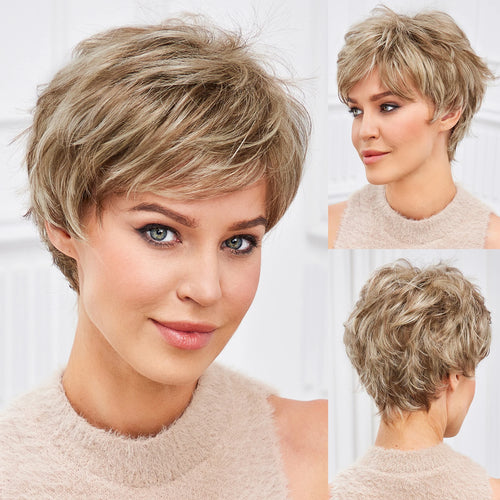 Light Blonde Mixed Off-White Short Pixie Cut Wigs for Women With Bangs