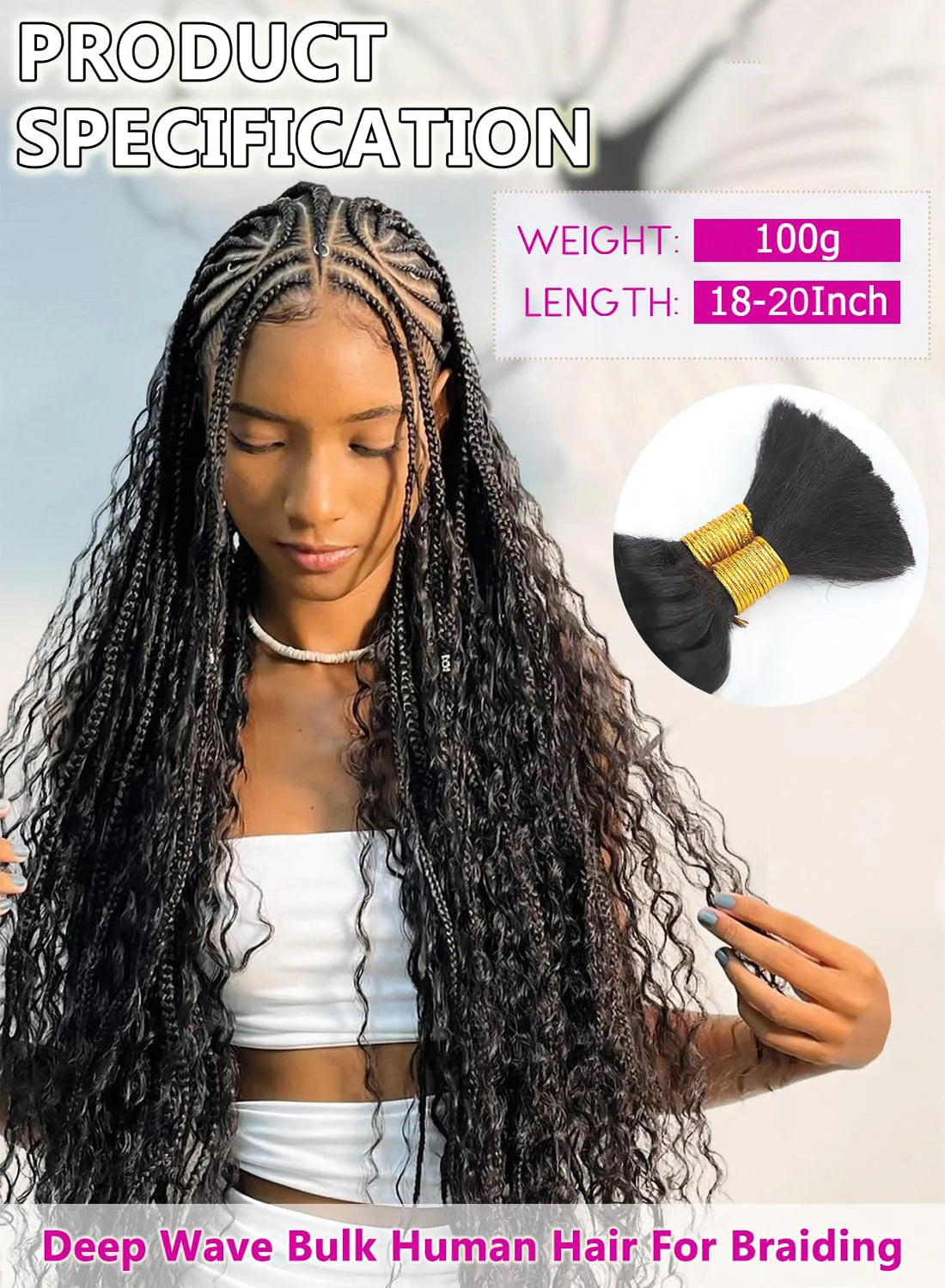 18 inch Human Braiding Hair 2 Bundle 100g Deep Wave Bulk Human Hair