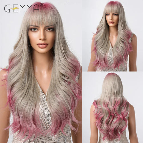 Synthetic Pink Platinum Blonde Cosplay Wig With Bangs Long Wavy