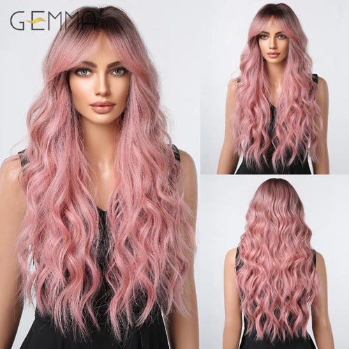 Synthetic Pink Platinum Blonde Cosplay Wig With Bangs Long Wavy