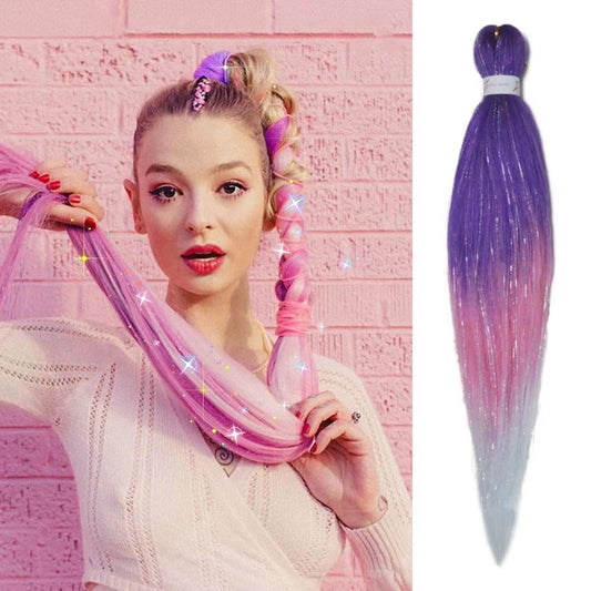 Purple Pink White 3 Tones Ombre Straight Braids Blend Hair Tinsel