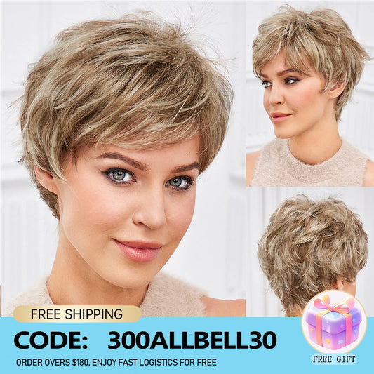 Light Blonde Mixed Off-White Short Pixie Cut Wigs for Women With Bangs