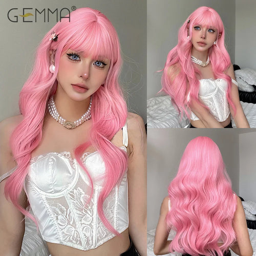 Synthetic Pink Platinum Blonde Cosplay Wig With Bangs Long Wavy