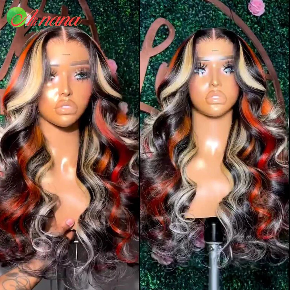 Highlights Orange Blonde Colored Straight Body Wave Human Hair Wig