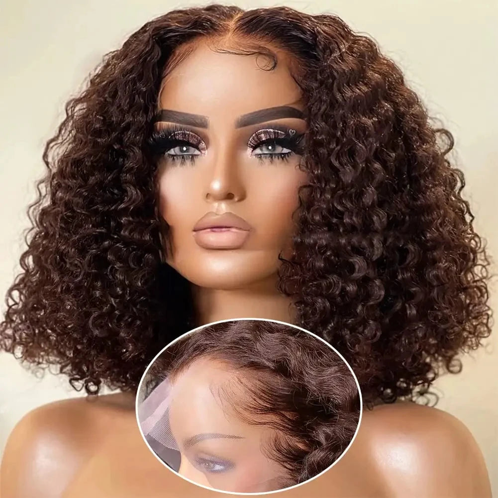 200% Density #4 Dark Brown Bob Wigs Water Wave 13x4 Lace Frontal Wigs