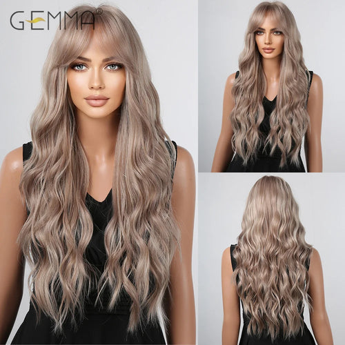 Long Wavy Light Ash Blonde Synthetic Wigs with Bangs for Women Natural