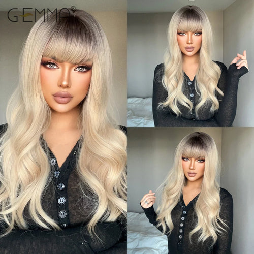 Long Wavy Light Ash Blonde Synthetic Wigs with Bangs for Women Natural