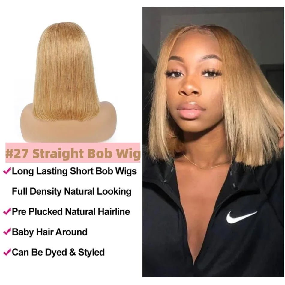 200% Double Drawn #27 Honey Blonde Colored Short Bob Human Hair Wigs