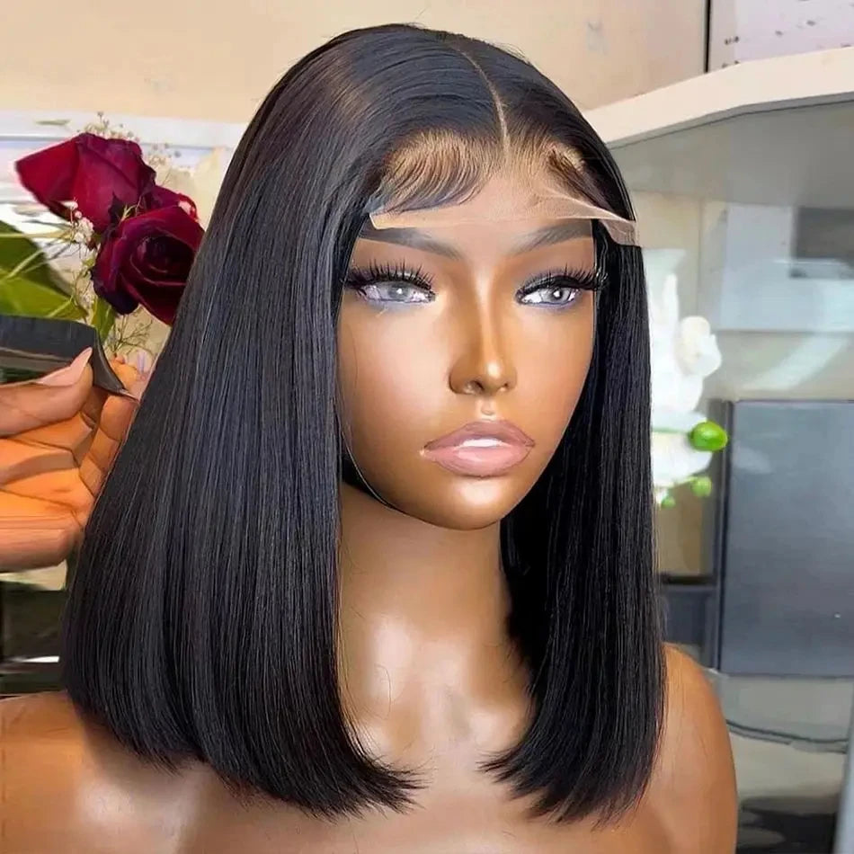 4X4 Straight Short Bob Wig Closure Brazilian Remy Human Hair 180% 13X4