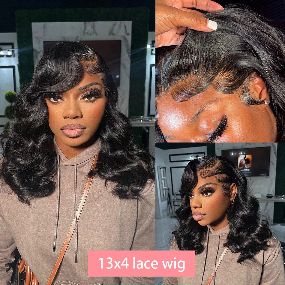 200% Density Short Bob Body Wave Lace Frontal Wig 14 16 Inch 13x4