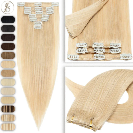 TESS 7Pcs/Set Human Hair Clip In Hair Extensions Natural Extension