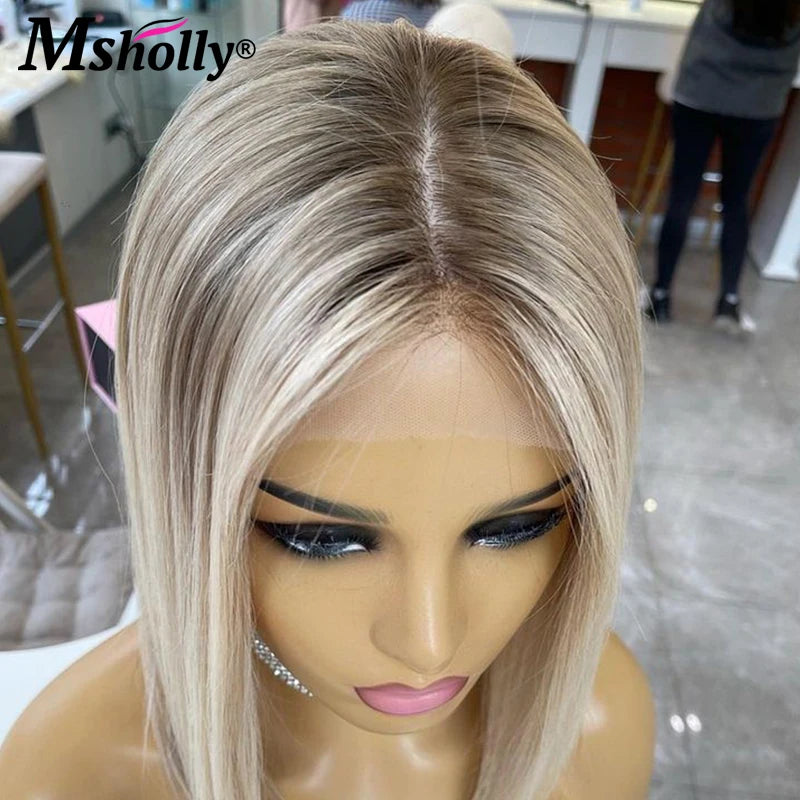 Highlight Ash Blonde 13x4 Lace Front Wigs Human Hair Straight Short