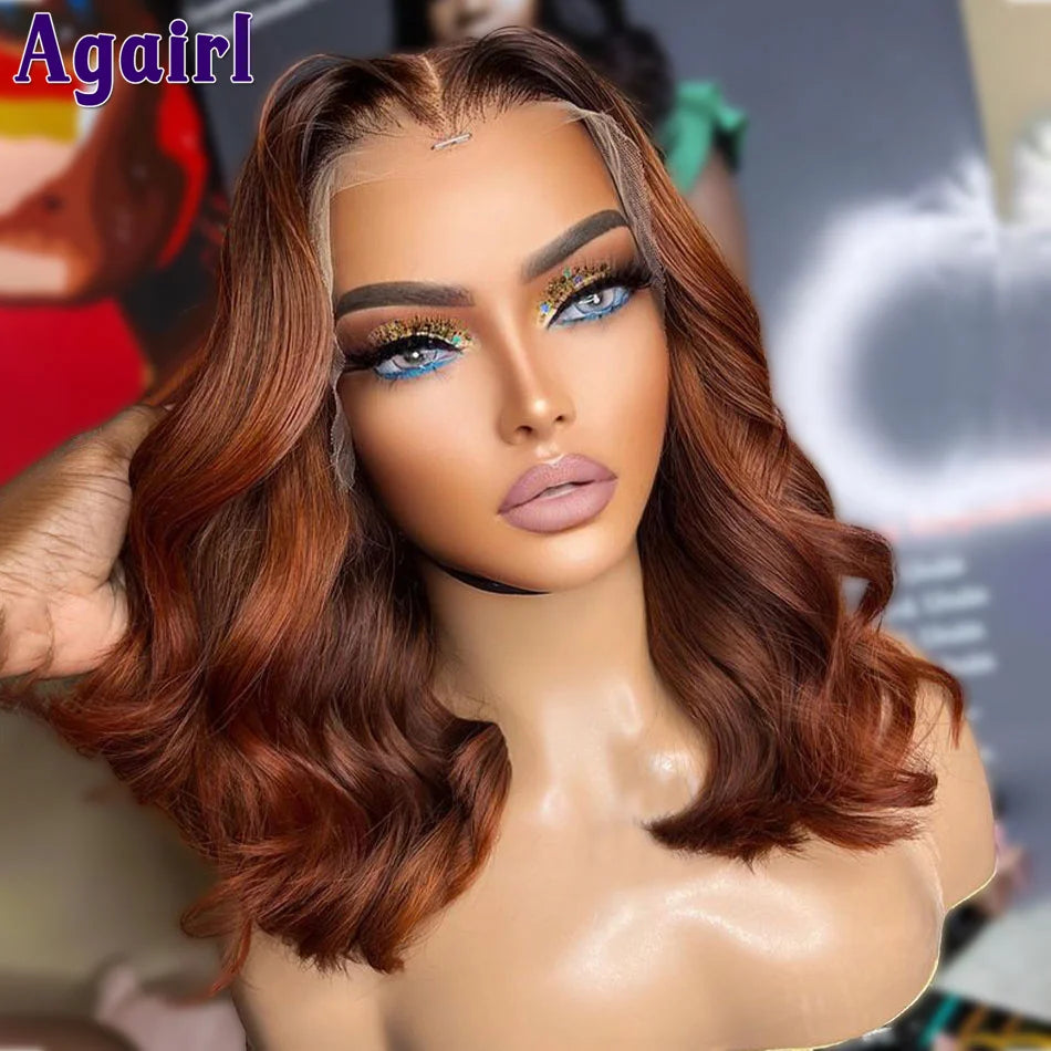 Red Ginger Brown Highlight Short Bob Wavy Lace Front Human Hair Wigs