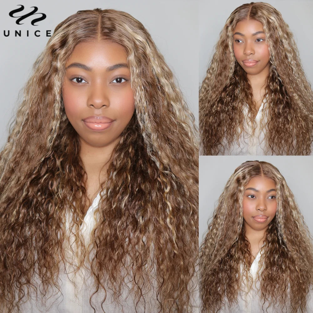 UNice Hair Water Wave Wig Honey Blonde Highlight Pre Cut Lace Wig