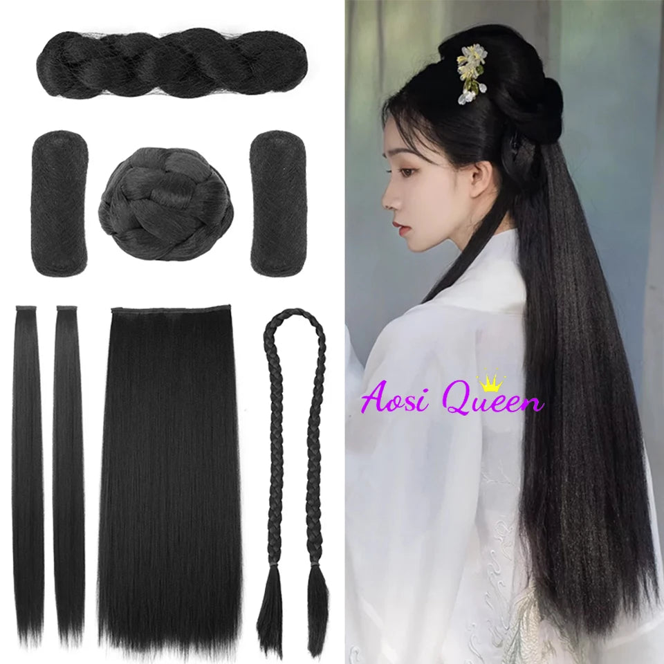 AOSI Synthetic Chinese Traditional Hanfu Wig Hair Bun Retro Black