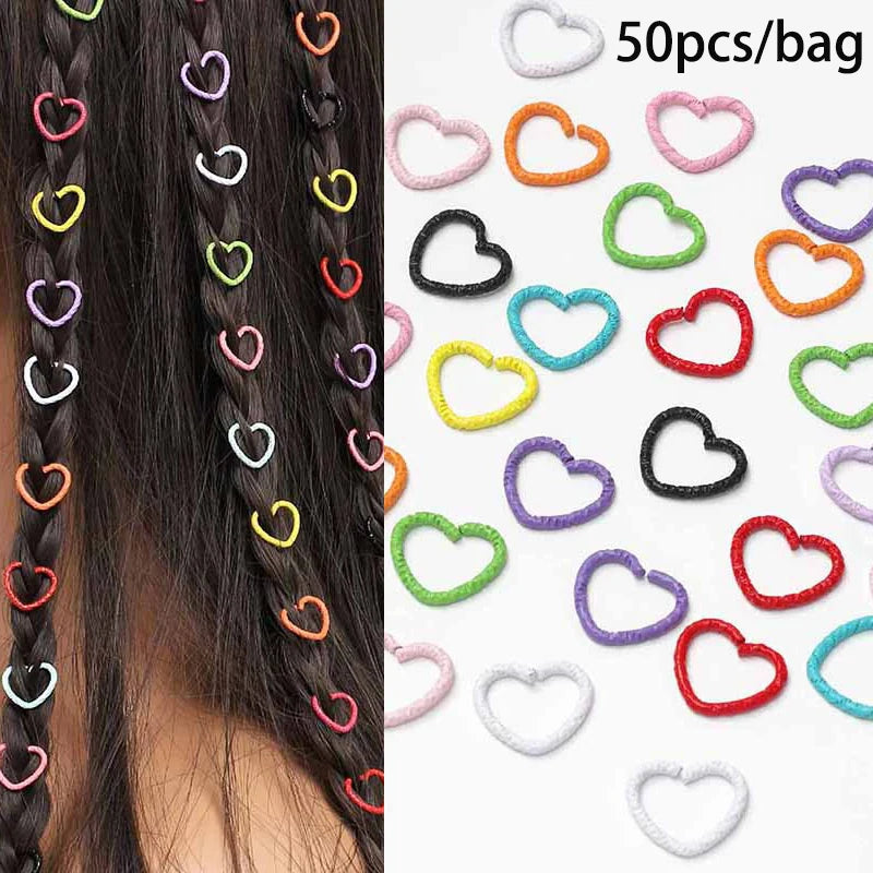 50pcs Love Heart Braid Rings Cuffs Clips Braid Decors Hair Jewelry For