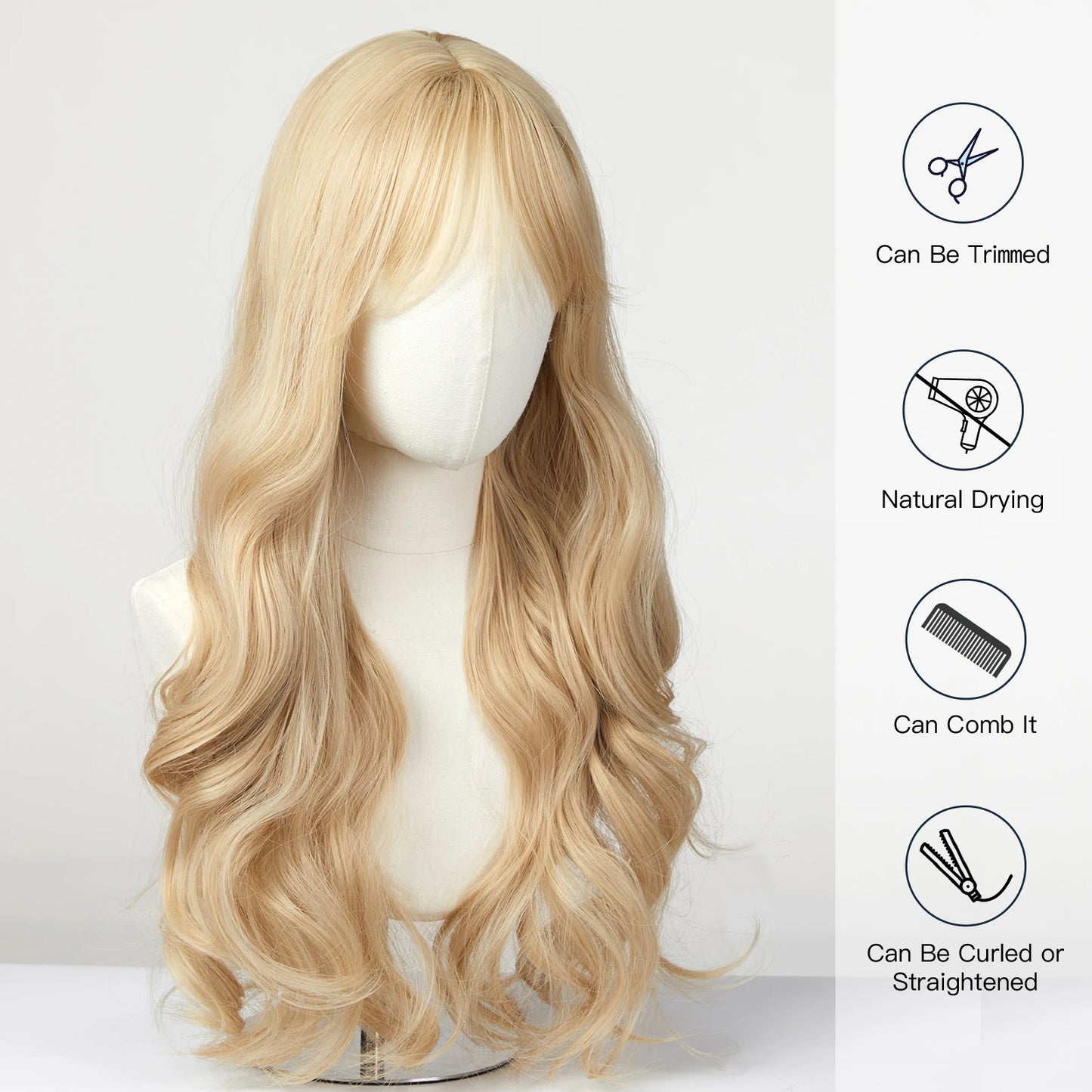 Long Wavy Light Ash Blonde Synthetic Wigs with Bangs for Women Natural