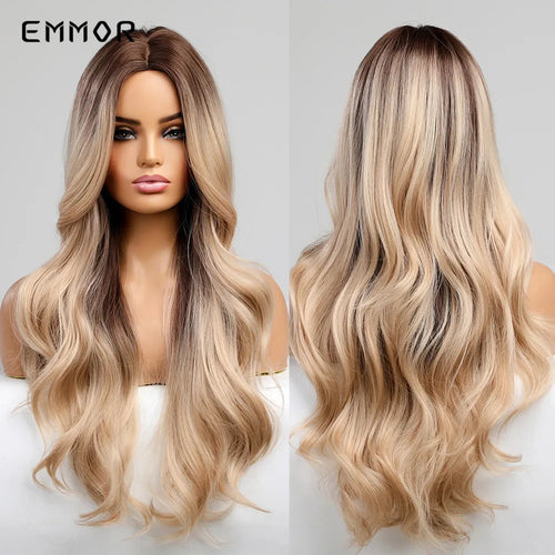 Emmor Ombre Black to Light Blonde Hair Wig Synthetic Long Wavy Wigs