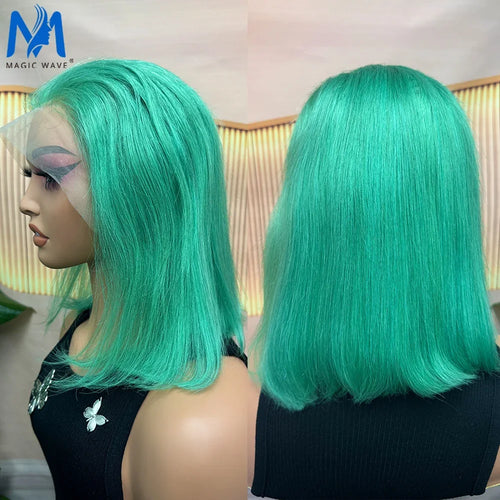 Purple Green Colored Straight Bob Human Hair Wigs for Women 13x4 Lace