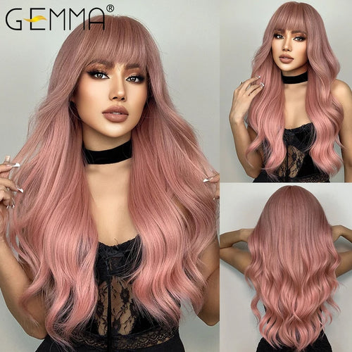 Synthetic Pink Platinum Blonde Cosplay Wig With Bangs Long Wavy