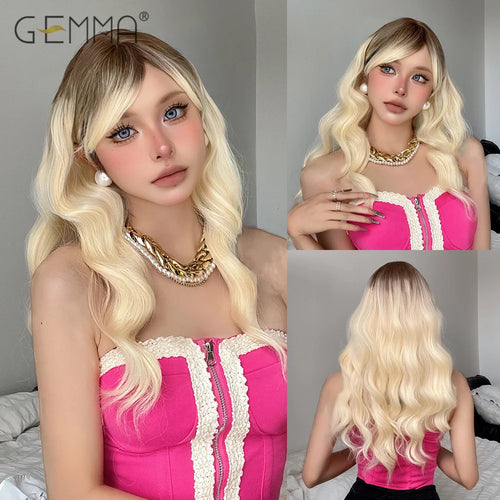 Synthetic Pink Platinum Blonde Cosplay Wig With Bangs Long Wavy