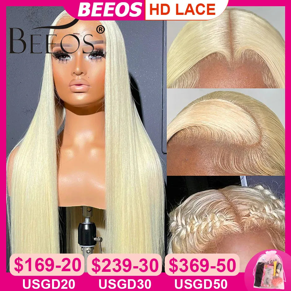 BEEOS 250% 34inch 613 Blonde 13x6 HD Full Lace Frontal Human hair Wigs